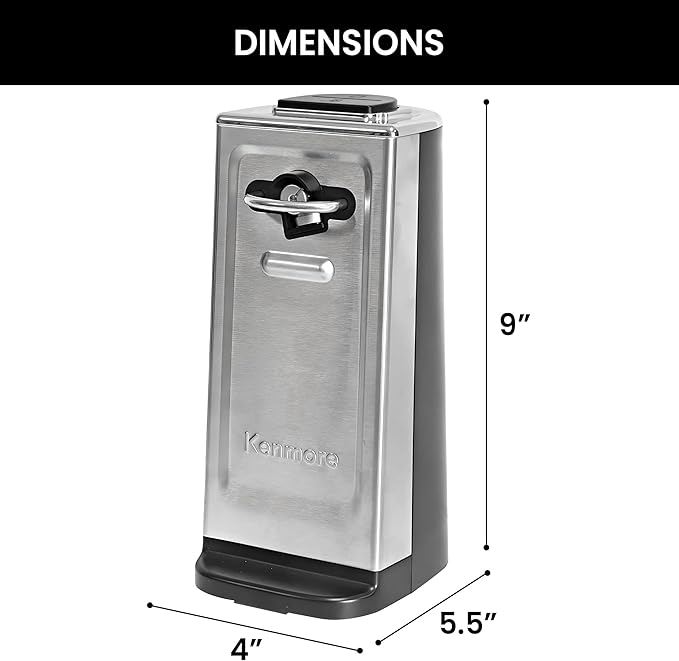 Kenmore Smooth Edge Electric Can Opener - Arthritis-Friendly, One Touch Side Cut Blade, Prevents Sharp Edges, Automatic Countertop appliance Stainless Steel detachable cutting lever