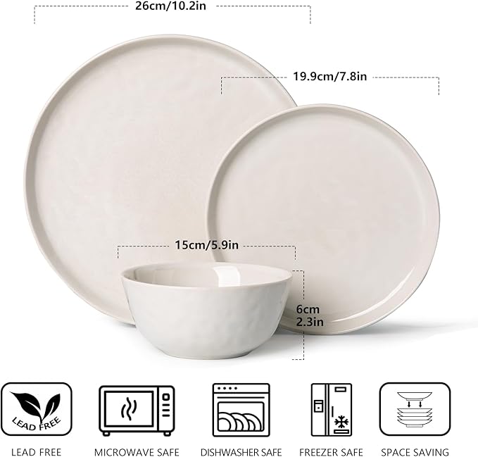 Ceramic Water Ripple Tableware Sets for 4, 12 Pieces Stoneware Plates and Bowls Sets, Reactive Glaze Dishes -Scratch Resistant, Dishwasher&Microwave Safe (Milky White)