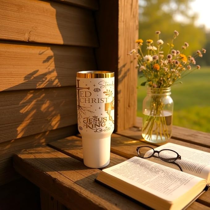 40oz Christian Tumbler with Handle & Straw – “Rooted in Christ,” “Jesus Is King,” Faith Scripture Gift – Double Wall Insulated Stainless Steel Mug for Hot & Cold Drinks (Rooted In Christ)