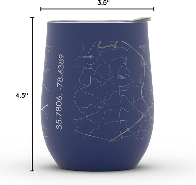 Well Told Engraved Raleigh North Carolina Map Insulated Wine Tumbler, Etched Stainless Steel Cup (12 oz, Midnight Blue) City Map Insulated Tumbler, Custom Insulated Tumbler, Outdoor Drinkware