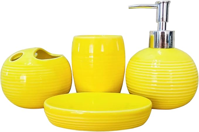 4Pcs/Set Yellow Bathroom Accessories Ceramic Vibrant Soap Dispenser with Toothbrush Holder & Soap Dish & Cup Complete Toothbrush Holder Set