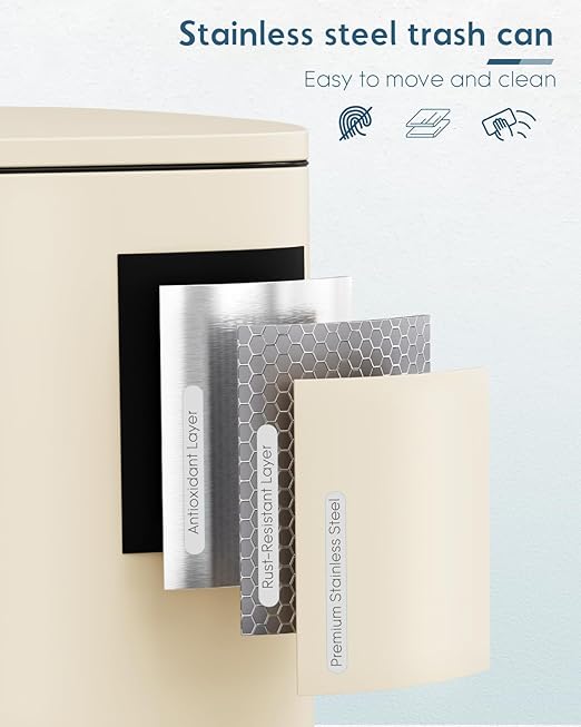 Arlopu 13.2+1.3 Gallon Step Trash Can, Stainless Steel Garbage Bin, Soft-Close Rubbish Bin with Removable Plastic Inner Bucket, Fingerprint-Proof, Lid Dustbin, for Kitchen Home (Beige)