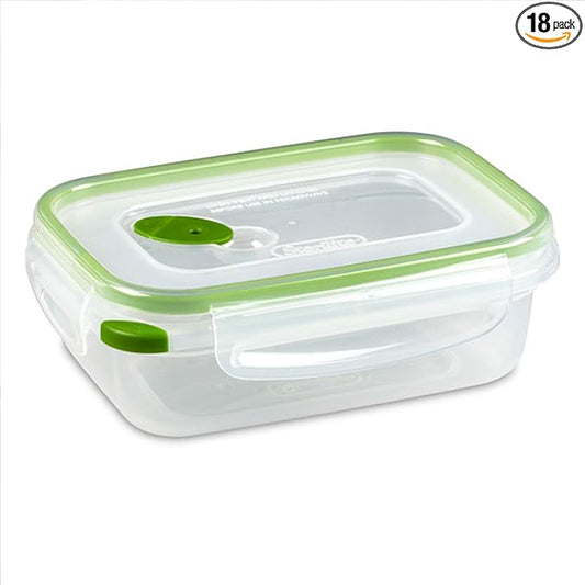Sterilite Ultra-Seal 3.1 Cup Rectangle, Airtight Food Storage Container, Latching Lid, Microwave and Dishwasher Safe, Clear With Green Gasket, 18-Pack