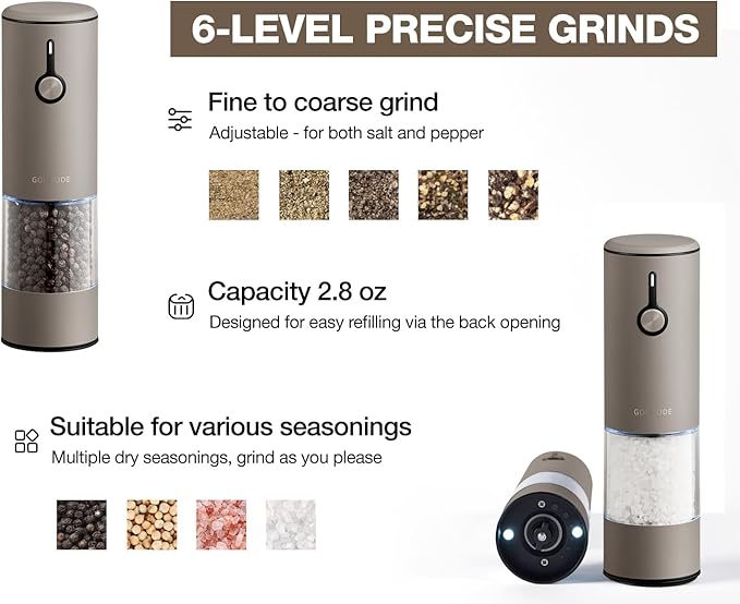 Stainless Steel Rechargeable Electric Salt and Pepper Grinder Set, USB Charging with Dust Cover, 6 Adjustable Grinding Modes + LED Light 2pack，Brown