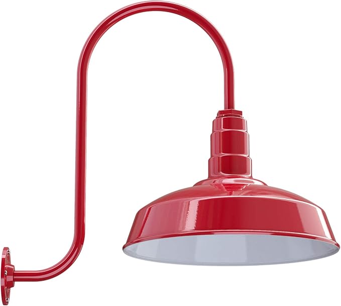Steel Lighting Co. | Dusk to Dawn | Gardena Barn Light | Outdoor Wall Mounted | 16" Dome | Upslope Gooseneck | Farmhouse Light Made in America | Red Exterior/White Interior