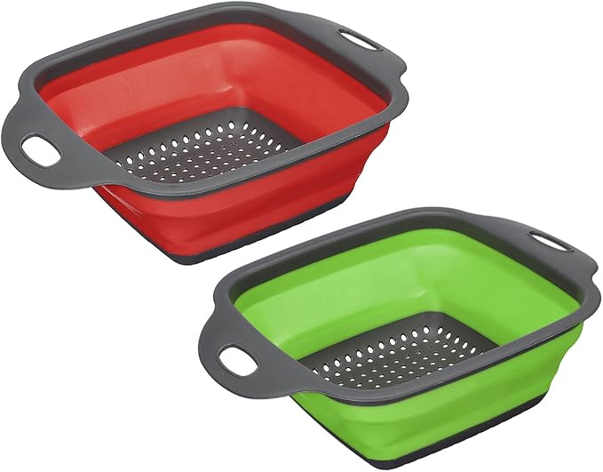 Collapsible Colander Set, 2pcs Silicone Square Foldable Strainer Space Saving Suitable for Pasta, Vegetables, Fruits - Red Green Small