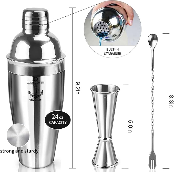 Personalized Cocktail Shaker Set 24oz - Custom Engraved Stainless Steel Martini & Drink Shaker with Built-in Strainer, Measurements & Spoon - Unique Bar Shaker & Mixology Kit for Bartenders (Anchor)