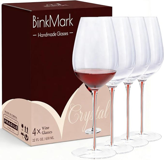 Red Wine Glasses Set of 4, 22oz, Hand Blown Premium Crystal Wine Glasses, red Stem,Thin Rim, Perfect for Red or White, Daily Use,Unique Wedding Anniversary or Birthday Gift