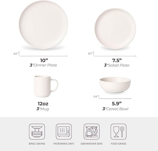 12-Piece Stoneware Dinnerware Set with Mugs | Microwave and Dishwasher Friendly | Stackable Matte Glaze Plates & Bowls | Service for 3 (White for 3)