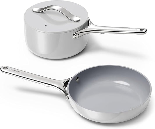 Caraway Mini Cookware Set - Non-Stick Ceramic Fry Pan (1.05 qt, 8") Sauce Pan (1.75 qt) & Storage Rack - Non Toxic, PTFE & PFOA Free - Oven Safe & Stovetop Agnostic (Gas, Electric & Induction) - Gray