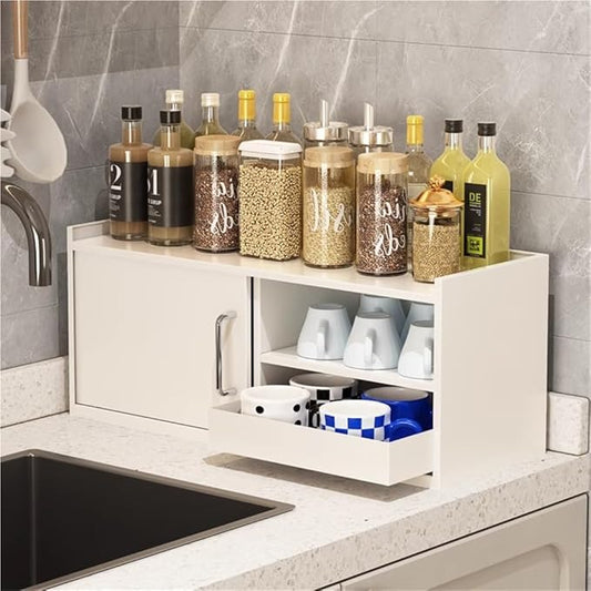 2-Tier Metal Spice Rack, Kitchen Countertop Organizer with Drawers, Tiered Coffee Mug Holder, Simple Coffee Bar Organizer with Sliding Door