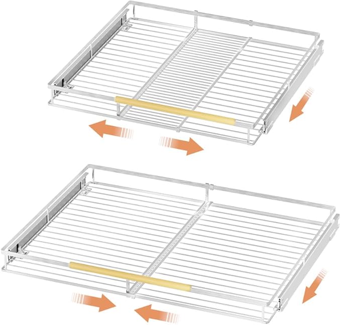 SANNO Chrome Expandable Pull Out Kitchen Cabinet Organizer, 14"-25" Width, 22.24" Depth, 2.7" Height, 2 Shelves, Modern Style, Bottom-Mounted, Easy Install, Kitchen Use