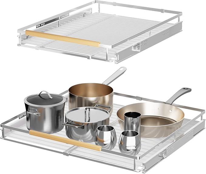 SANNO Pull Out Cabinet Organizer with Expandable Sliding Shelves for Cupboard Pantry, Steel Metal Sliding Shelf, Chrome Finish