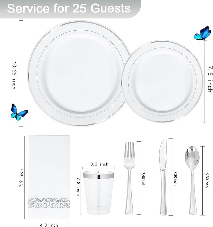 Supernal 200pcs Silver Plastic Dinnerware Sets for 25 Guests included Silver Silverware Set & Plastic Plates heavy duty Disposable Cups and Paper Napkins Disposable for Party Birthday and Wedding