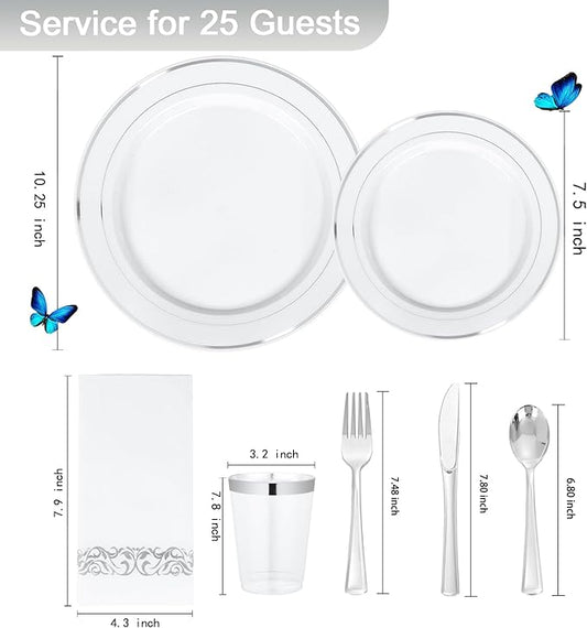 Supernal 200pcs Silver Plastic Dinnerware Sets for 25 Guests included Silver Silverware Set & Plastic Plates heavy duty Disposable Cups and Paper Napkins Disposable for Party Birthday and Wedding