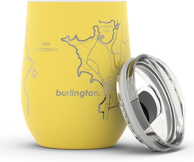 Well Told Engraved Burlington Vermont Map Insulated Wine Tumbler, Etched Stainless Steel Cup (12 oz, Sunrise Yellow) City Map Insulated Tumbler, Custom Insulated Tumbler, Outdoor Drinkware