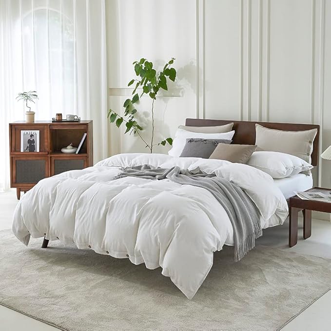 EVERLY 100% Pure Linen Duvet Cover Set Twin Size 68X90Inch 2pcs (1 Duvet Cover,1Pillowcases) Soft and Breathable for All Season with Coconut Button Closure, Suitable for Hot Sleepers-White-Twin