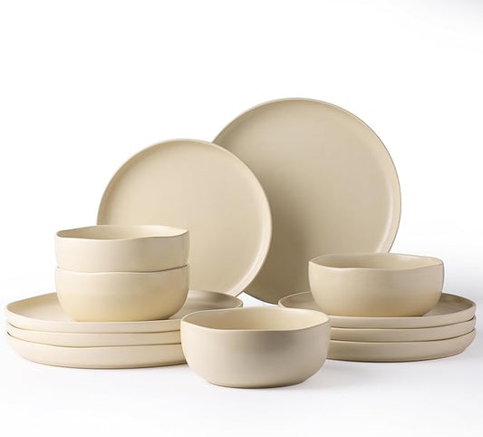 AmorArc Ceramic Dinnerware Sets, Wavy Rim Stoneware Plates and Bowls Sets,Dishwasher & Microwave & Oven Safe Dishes set, Service for 4 (12pc)