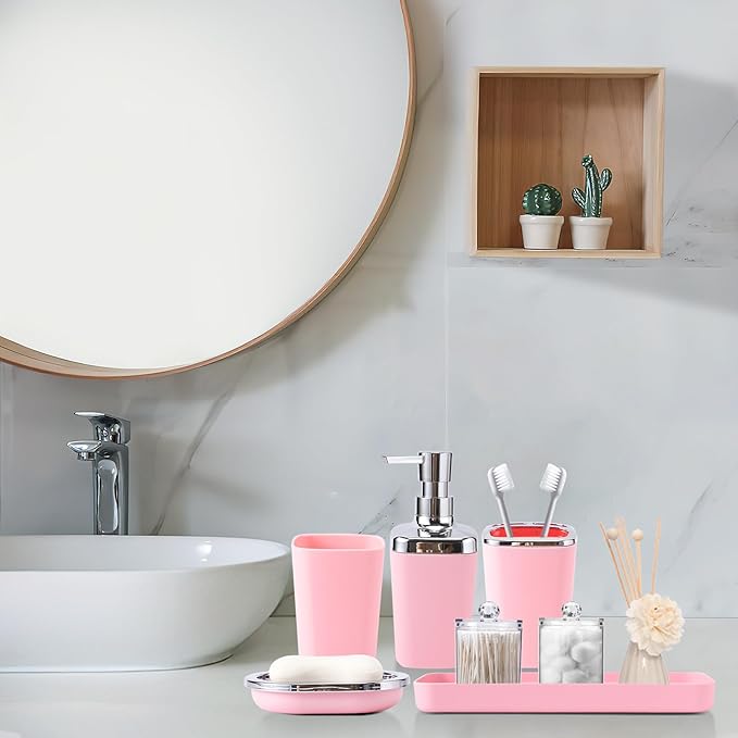 Pink Bathroom Accessories, 24 Pieces Pink Bathroom Accessories Set with Shower Curtain, Bath Towels, Trash Can, Soap Dispenser and Soap Dish for Bathroom/Housewarming