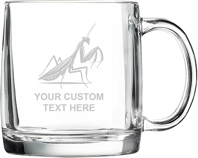 Praying Mantis, Personalized 12.5 oz Polar Camel Glass Coffee Desk Mug – Custom Laser Engraved Clear Cup for Tea, Espresso, Latte, Whiskey - Microwave Safe/Made in USA