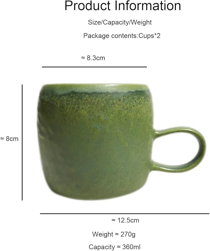 Medium Ceramic Coffee Mug Set of 2, 12 Oz, Stoneware Tea Cup for Office and Home, Dishwasher and Microwave Safe (Green, 2) (Classic)
