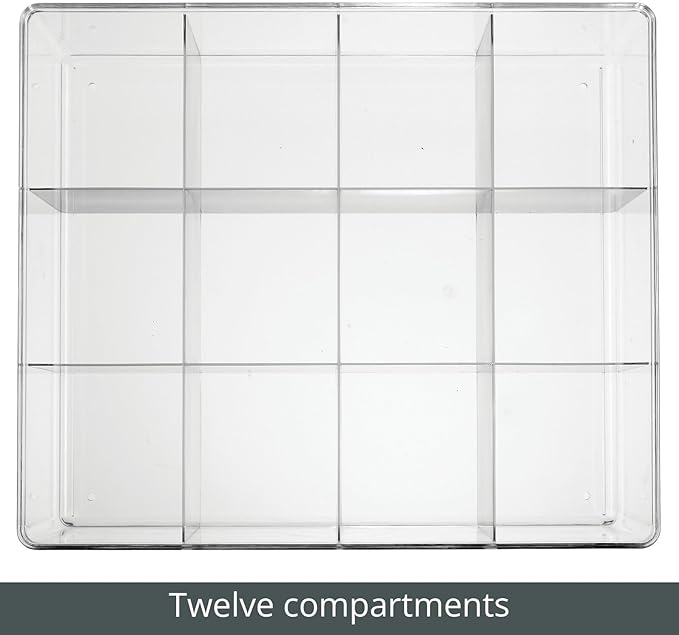mDesign Plastic 12 Compartment Divided Drawer and Closet Storage Bin - Organizer for Scarves, Socks, Ties Bras, and Underwear - Dress Drawer Organizer, Shelf Organization - Clear