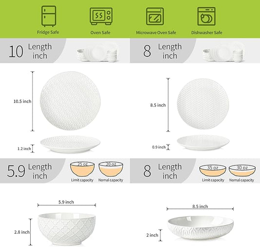Sureasy 32 Pieces Dinnerware Sets for 8, Ceramic Plates and Bowls Sets, Embossed Scratch Resistant Dinner Set, Dishwasher & Microwave Safe, White