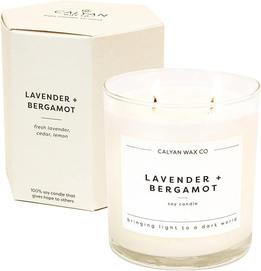 Calyan Wax Co. Lavender & Bergamot 2 Wick Scented Candle - 37 Hour Burn - Luxury Non Toxic Soy Wax Candles - Long Lasting Large Glass Jar Candle for Home - 8.8oz