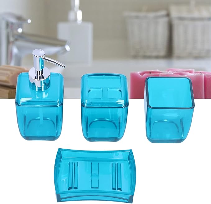 Bathroom Accessory Set, 4PCS Blue Bathroom Accessories Set Include Soap Dispenser, Toothbrush Holder, Soap Dish, Mousewash Cup for Decor