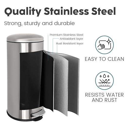 8-Gallon Trash Can, 30 Liter Stainless Steel Garbage Can, Round Trash Can with Lid, Slim Garbage can Featuring a Removable Inner Liner (Silver, 30L-Round)