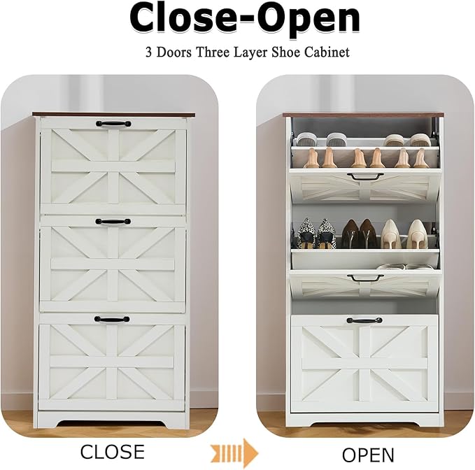 Shoe Storage Cabinet with 3 Flip Drawers, Farmhouse Shoe Organizer with Barn Door Design, Space-Saving Hidden Narrow Shoe Rack Cabinet for Entryway, Hallway & Foyer，White