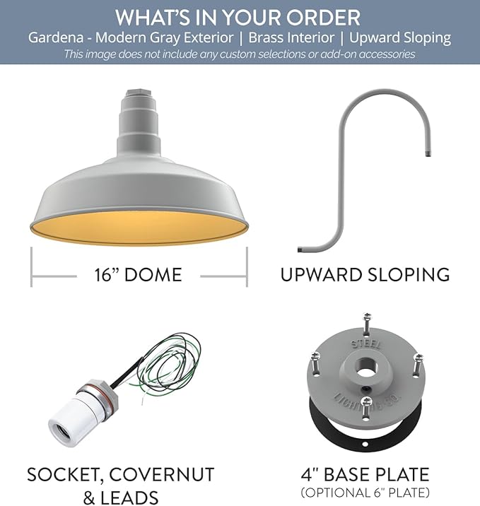 Steel Lighting Co. | Dusk to Dawn | Gardena Barn Light | Outdoor Wall Mounted | 16" Dome | Upslope Gooseneck | Farmhouse Light Made in America | Modern Gray/Brass