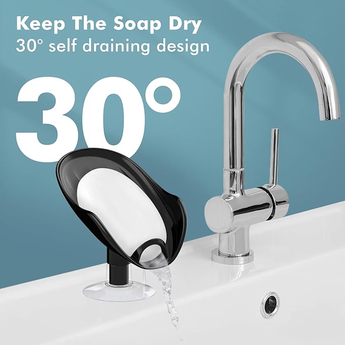 NPET Not Punched Self Draining Plastic Soap Dish Holder with Enlarged Suction Cup,Portable Soap Tray for Bathroom Shower, Kitchen Sink, Save Space and Soap (2, 2 Black)