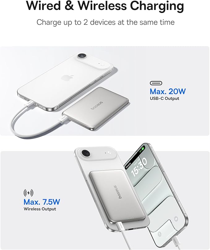 Baseus Picogo Power Bank, 0.3" Ultra Slim 5000mAh MagSafe Battery Pack, Upgraded Polished Alloy Magnetic Portable Charger, Wireless Charger with USB-C Cable for iPhone 17 Pro Max/17 Air/16/15/14/13/12