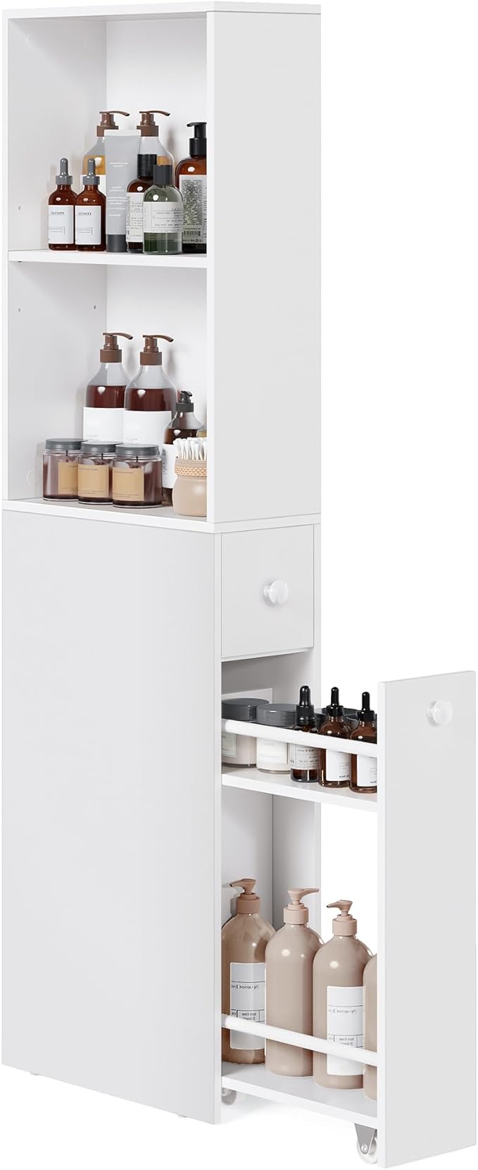 VASAGLE Slim Storage Cabinet, Narrow Freestanding Cabinet with Drawers and Adjustable Shelf, Modern Linen Tower for Living Room Bathroom Bedroom, White UBBK567T14
