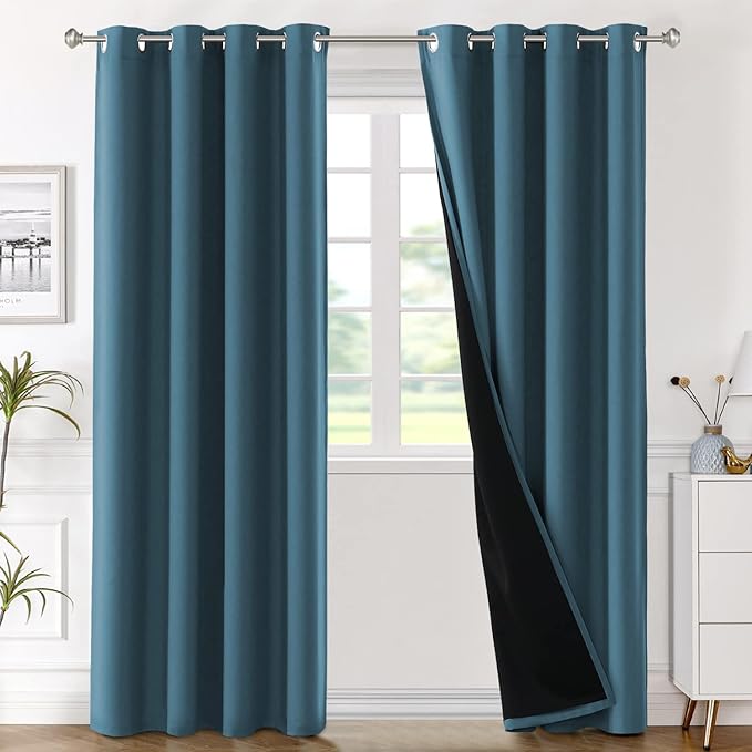 H.VERSAILTEX Blackout Curtains with Liner Backing, Thermal Insulated Curtains for Living Room, Noise Reducing Drapes, 52 inches Wide x 96 inches Long Per Panel, Set of 2 Panels, Mallard Blue