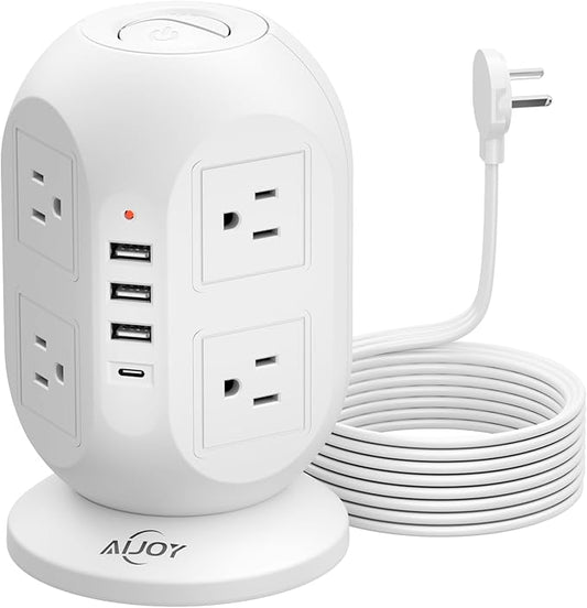 AiJoy Surge Protector Power Strip Tower with 8 Outlets 4 USB Ports(1 USB-C), 10 FT Flat Extension Cord with Multiple Outlets, Charging Tower with Surge Protection for Home Office Dorm Room Essentials