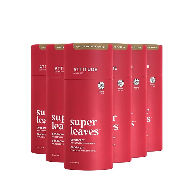 ATTITUDE Plastic-Free Deodorant, EWG Verified, Aluminum Free, Vegan Naturally Sourced Body Deodorants for Women & Men, Dermatologically Tested, Vine Leaves and Pomegranate, 3 Ounces (Pack of 6)