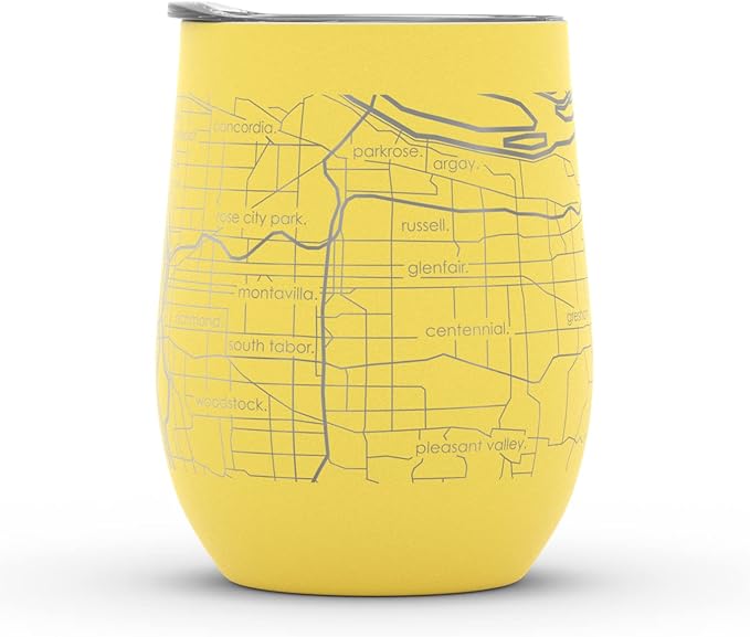 Well Told Engraved Portland Oregon Map Insulated Wine Tumbler, Etched Stainless Steel Cup (12 oz, Sunrise Yellow) City Map Insulated Tumbler, Custom Insulated Tumbler, Outdoor Drinkware