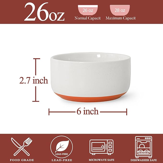 Stoneware Cereal and Soup Bowls Set of 4, 6-Inch Dual Glaze Ceramic Bowls for Breakfast & Oatmeal, Microwave and Dishwasher Safe, Stardust Glaze White