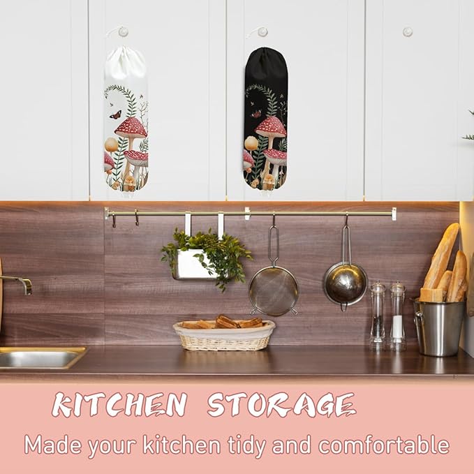 2PCS Mushroom Plastic Bag Holder, Wall Mount Grocery Bag Holder for Plastic Storage bag, Storage Organizer Reusable Grocery Bags, Pull Rope Free Adjustment, Butterfly Gifts for Women Mom Sister