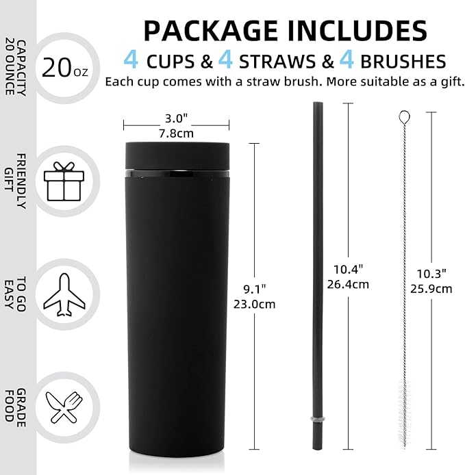 Volhoply 20oz Plastic Skinny Tumbler,Double Wall Tumblers with Lid and Straw,Reusable Travel Iced Coffee Mug,BPA Free Matte Acrylic Water Cups With Straw for Parties,DIY Gifts(Black,1 Set