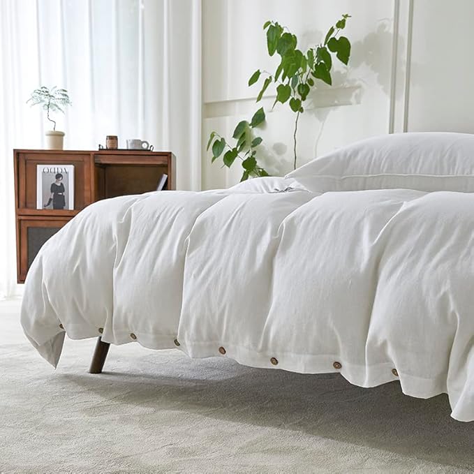 EVERLY 100% Pure Linen Duvet Cover Set Twin Size 68X90Inch 2pcs (1 Duvet Cover,1Pillowcases) Soft and Breathable for All Season with Coconut Button Closure, Suitable for Hot Sleepers-White-Twin