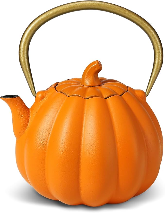 VICSKY Orange Pumpkin Cast Iron Teapot, Natural Pumpkin Color, Japanese Cast Iron Tea Kettle Stovetop Safe with Infuser, Cute Creative Pumpkin Halloween Teapot(40oz/1200ml, Orange)