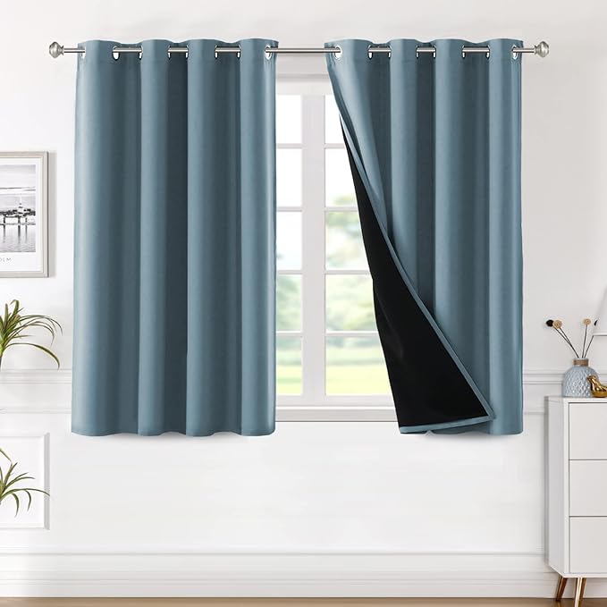 H.VERSAILTEX 100% Blackout Curtain Panels 45 Inches Long Thermal Insulated Blackout Lined Curtains for Bedroom Two Layers Full Light Blocking Drapes for Living Room, 2 Panels, Stone Blue