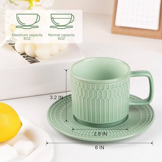 Large Cappuccino Cups with Saucers Set of 4, 8 Ounce Stackable Embossed Ceramic Coffee Mugs for Specialty Coffee Drinks, Latte, Cafe Mocha and Tea, Dishwasher & Microwave Safe (Green)