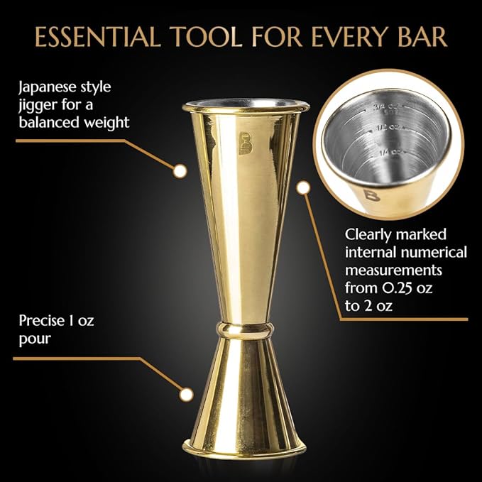 Double Japanese Jigger by Bull In China - 0.25oz to 2oz Measures for Cocktails, Bars & Bartenders (Gold)