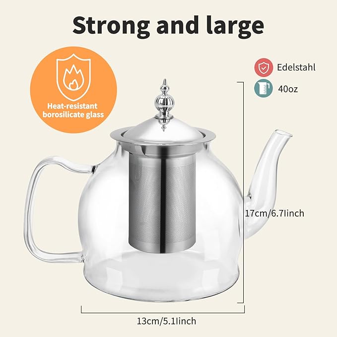 Glass Teapot 40oz/1200ml with Removable Infuser, Borosilicate Clear Tea Kettle, Stovetop Safe Tea Kettle Blooming Loose Leaf Teapots, for Camping, Travel