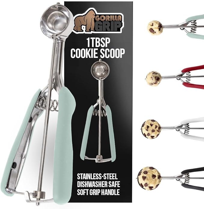 GORILLA GRIP BPA-Free Stainless Steel Cookie Scoop, 1 TBSP Scooper #60, Soft Grip Handle, Easy Food Release, Create Even Portion Sizes, Multipurpose Kitchen Melon Baller, Meatball Spring Scoops, Mint