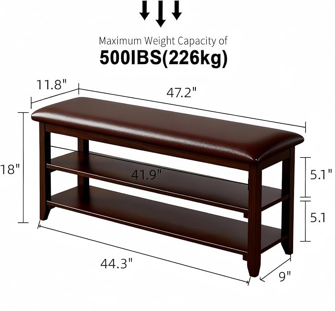 Shoe Bench Storage with Leather Cushion, Rustic Solid Wood Entryway Bench with 2 Height-Adjustable and Removable Shelves for Hallway, Living Room, Mudrooms (Dark Brown,47.2")
